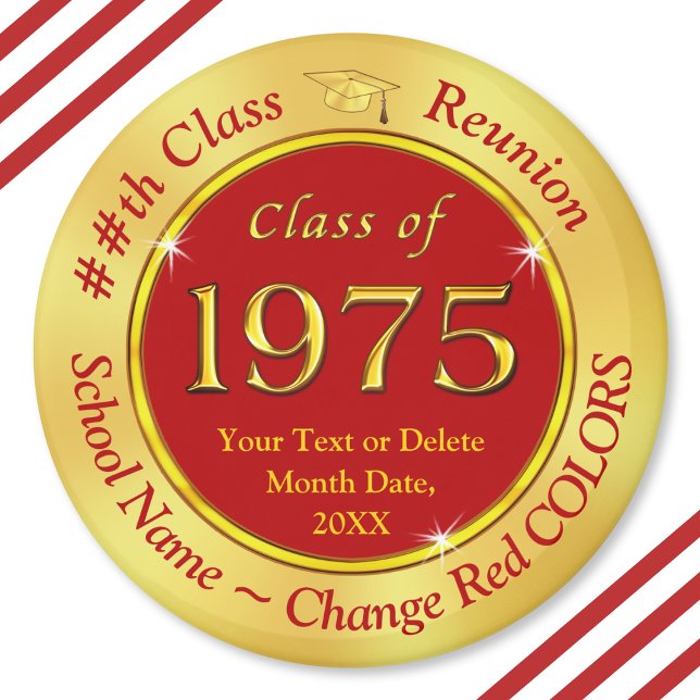 Red and Gold, Class of 75, Class Reunion Favours, Magnet (Cheap, class of 197 reunion gifts.  50th high school souvenirs. Red Gold, Class of 75 reunion. 1975)