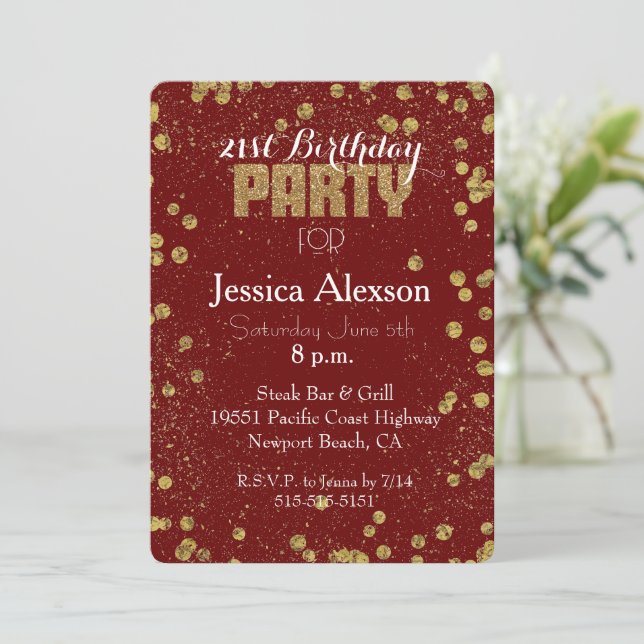 Red and Gold Confetti Glitter 21st Birthday Invitation (Standing Front)