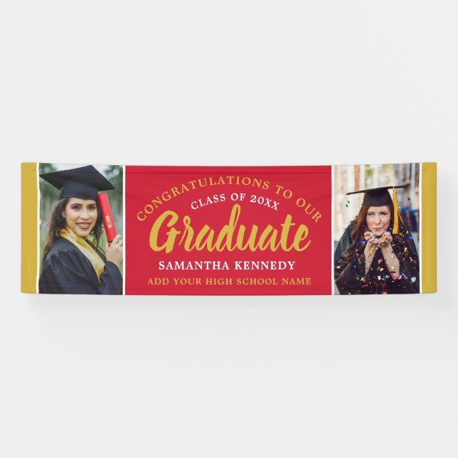 Red And Gold Congrats Grad 2 Photo 2025 Graduation Banner (Horizontal)