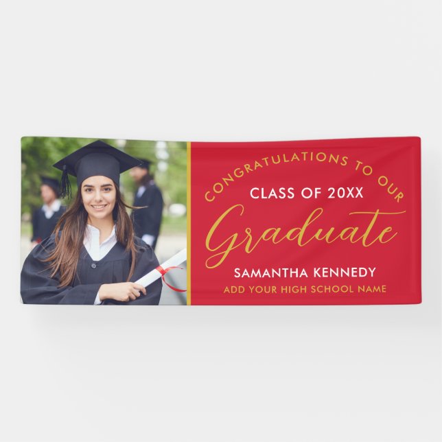  Red And Gold Congrats Grad Photo Graduation Banner (Horizontal)
