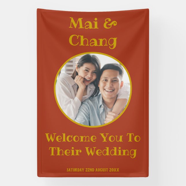 Red And Gold Couple Name And Photo Wedding Welcome Banner (Vertical)