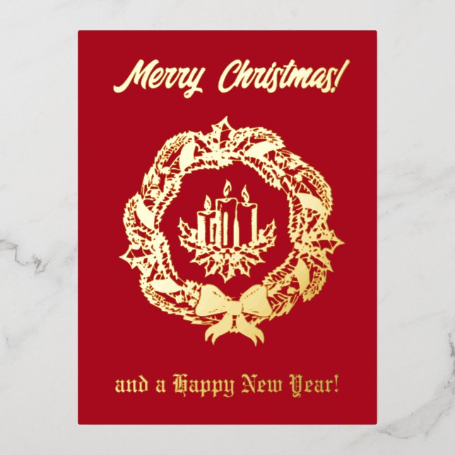 Red and Gold Custom Text Wreath Candles Christmas Foil Holiday Postcard (Front)