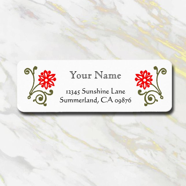Red and Gold Daisy Etching Custom Return Address Label (Red flowers golden curls vintage etching)