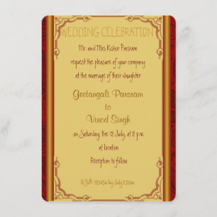 Red and gold damask hindu wedding invitation