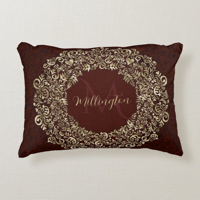 Red and Gold Damask Monogram Decorative Cushion (Front)
