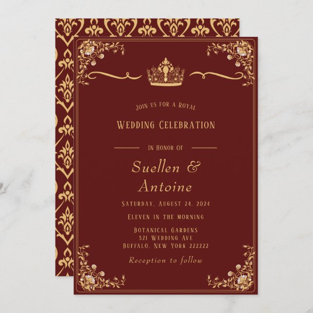 Red and Gold Damask Royal Invitation (Front/Back)