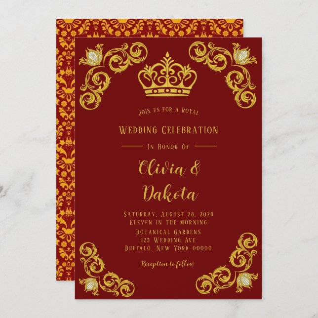 Red and Gold Damask Royal Wedding Invitation (Front/Back)
