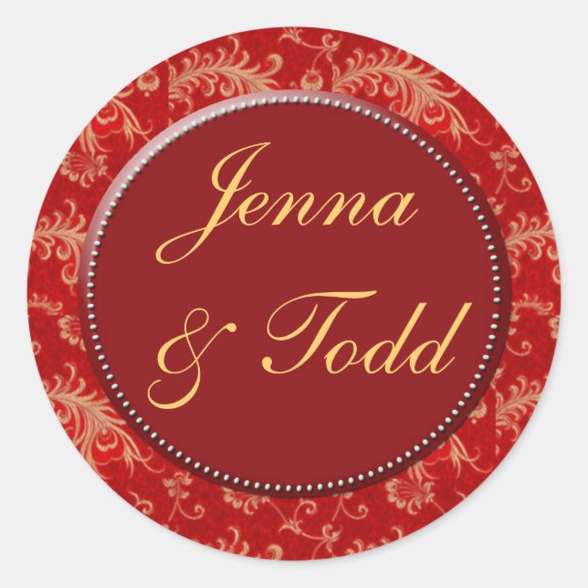 Red and gold damask wedding stickers (Front)