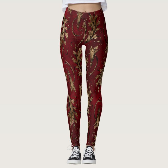 Red and  Gold Damasque Leggings (Front)