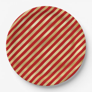 Red and Gold Diagonal Stripes Festive Paper Plate