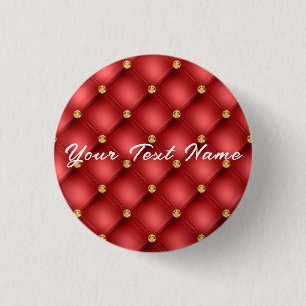 Red and Gold Diamond Tufted Leather Your Text Name 3 Cm Round Badge