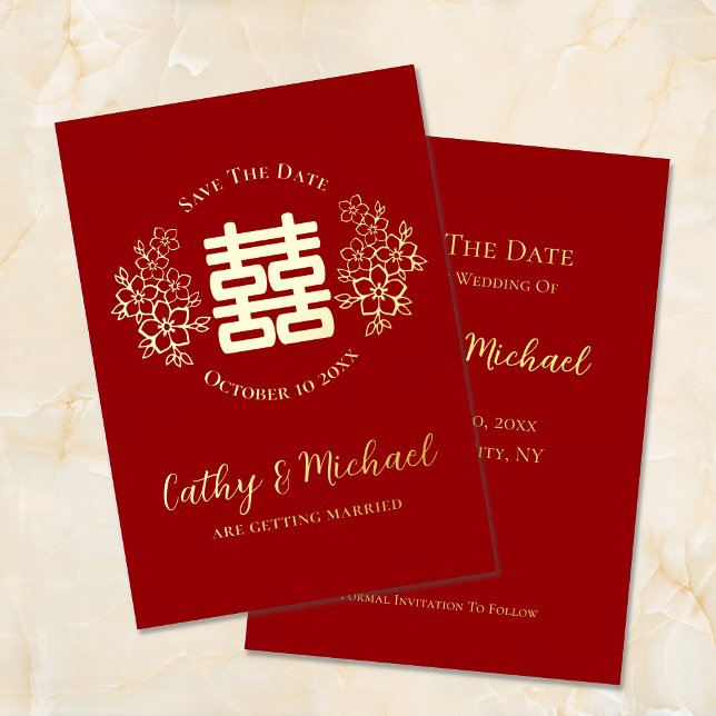 Red and gold double happiness floral save the date (Creator Uploaded)