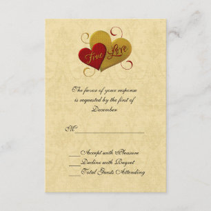 Red and Gold Double Heart Wedding RSVP Card