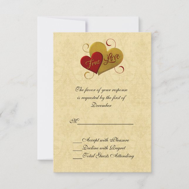 Red and Gold Double Heart Wedding RSVP Card (Front)
