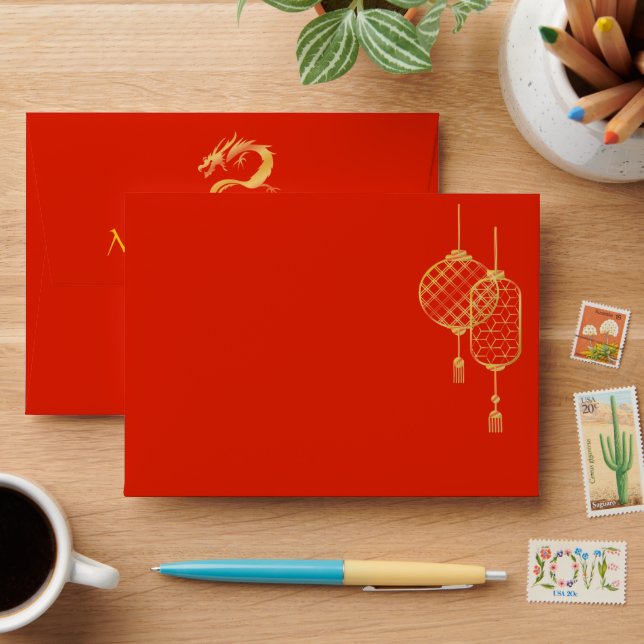 Red and Gold Dragon Wedding Card Envelope (Desk)