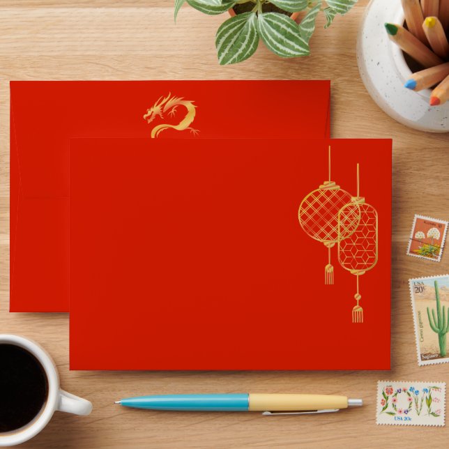 Red and Gold Dragon Wedding Card Envelope (Desk)