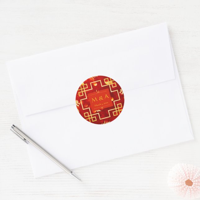 Red and Gold Dragon Wedding Classic Round Sticker (Envelope)