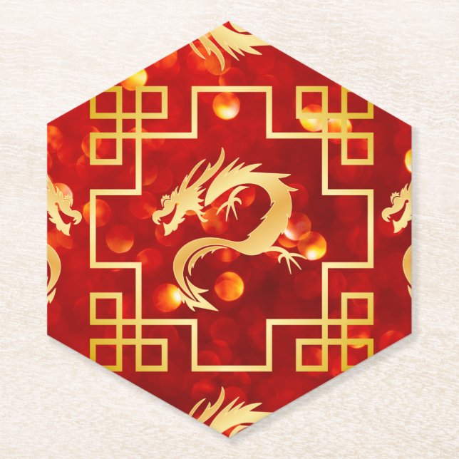 Red and Gold Dragon Wedding Paper Coaster (Front)