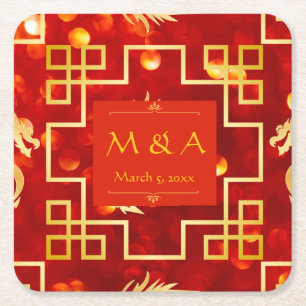 Red and Gold Dragon Wedding Square Paper Coaster