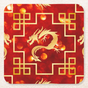 Red and Gold Dragon Wedding Square Paper Coaster
