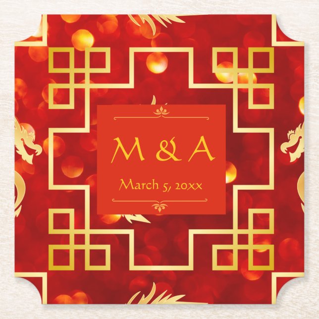 Red and Gold Dragon Wedding Ticket Paper Coaster  (Front)