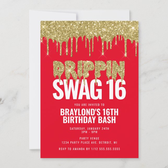 Red and Gold Drippin Swag 16 Birthday  Invitation (Front)