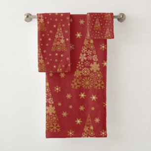 Red and Gold Elegant Christmas Tree Bath Towel Set