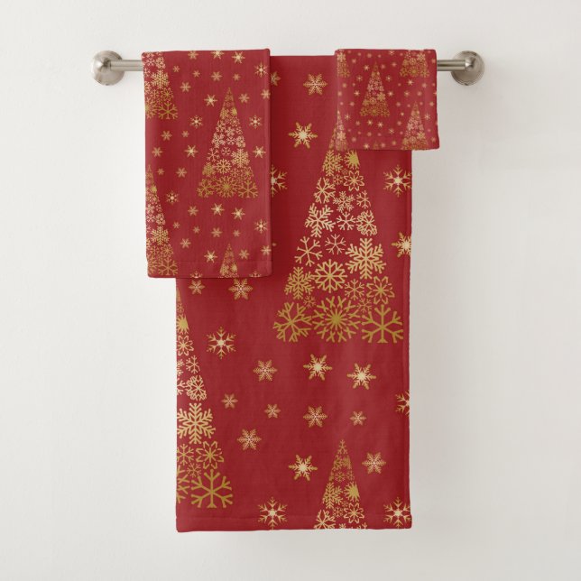 Red and Gold Elegant Christmas Tree Bath Towel Set (Insitu)