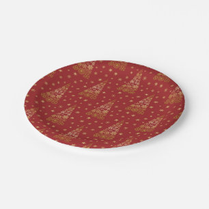 Red and Gold Elegant Christmas Tree Paper Plate