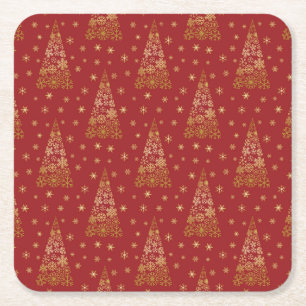 Red and Gold Elegant Christmas Tree Square Paper Coaster