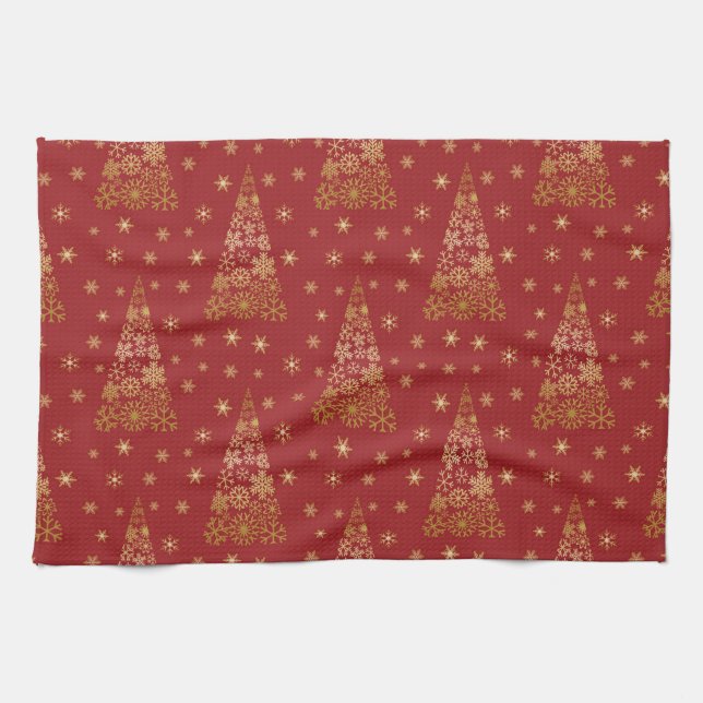 Red and Gold Elegant Christmas Tree Tea Towel (Horizontal)