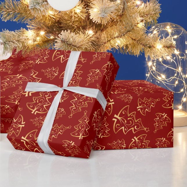 Red and Gold Elegant Christmas Trees Wrapping Paper (Holidays)