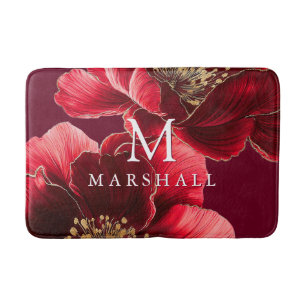 Red And Gold Elegant Floral Monogram Family Name Bath Mat