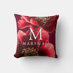 Red And Gold Elegant Floral Monogram Family Name Cushion