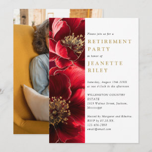 Red And Gold Elegant Floral Retirement Party Photo Invitation