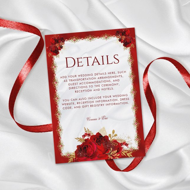 Red and Gold Elegant Floral Wedding Details Enclosure Card (Creator Uploaded)