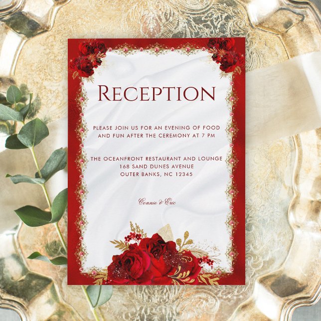 Red and Gold Elegant Floral Wedding Reception Enclosure Card (Creator Uploaded)
