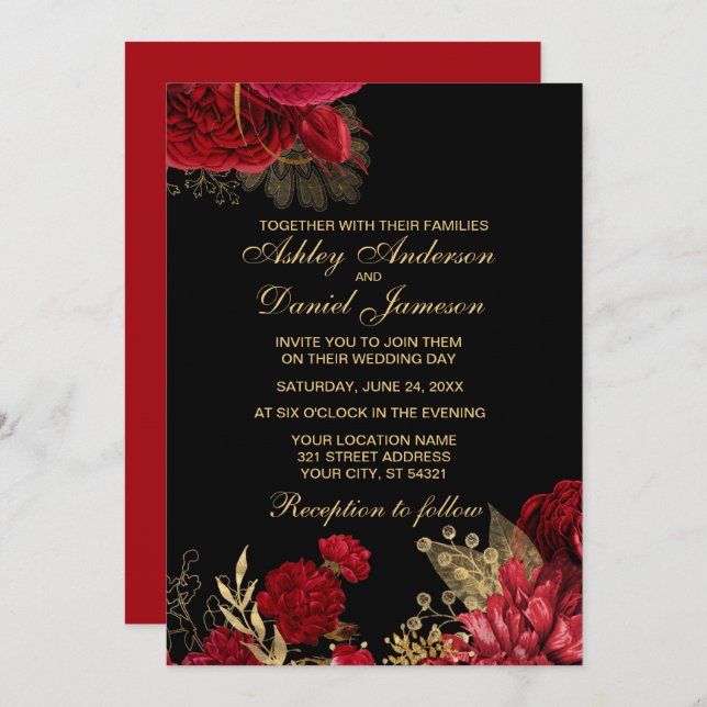 RED AND GOLD ELEGANT ROSE WEDDING INVITATIONS (Front/Back)