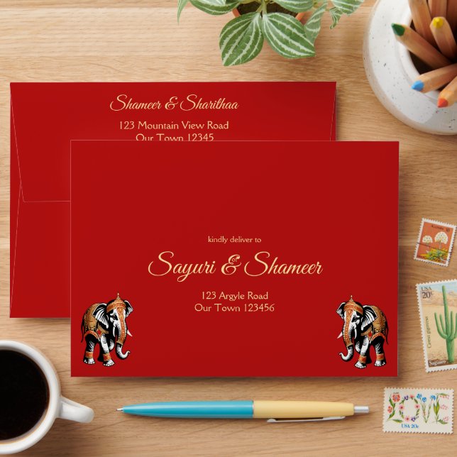 Red and gold elephants Indian wedding matching Envelope (Desk)
