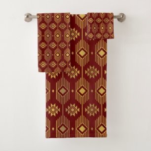 Red and gold ethnic ikat geometric pattern bath towel set