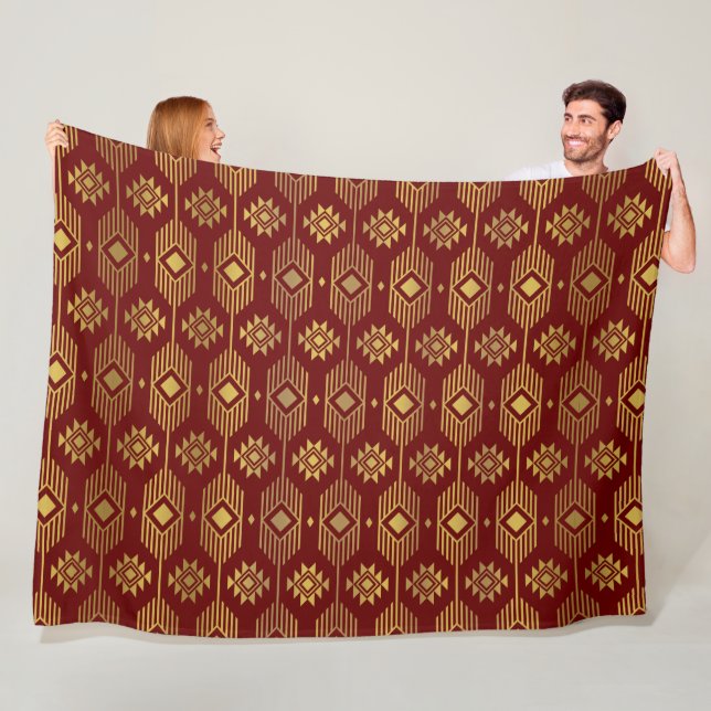 Red and gold ethnic ikat geometric pattern fleece blanket (In Situ)