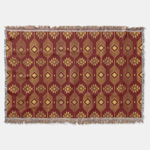 Red and gold ethnic ikat geometric pattern throw blanket