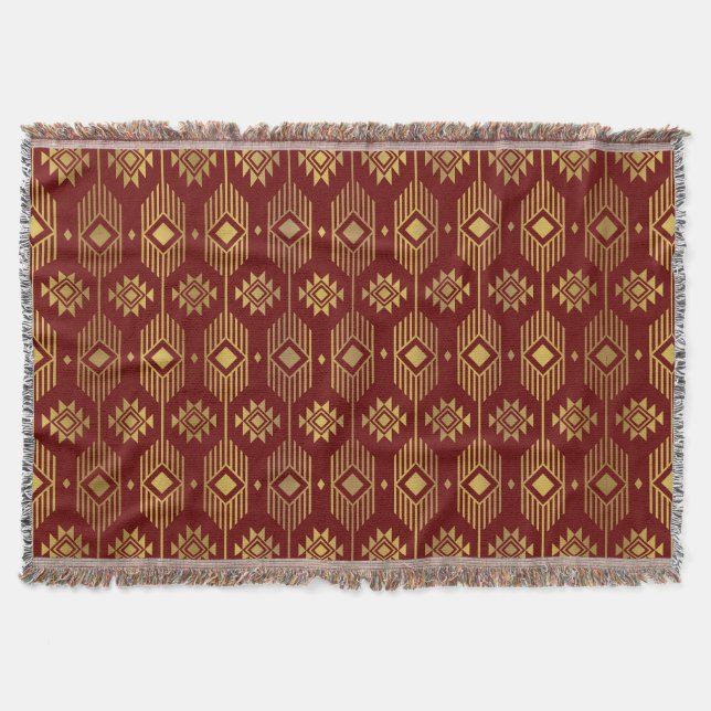 Red and gold ethnic ikat geometric pattern throw blanket (Front)