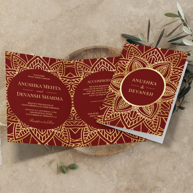 Red and Gold Ethnic Mandala Indian Wedding Invitation (Creator Uploaded)