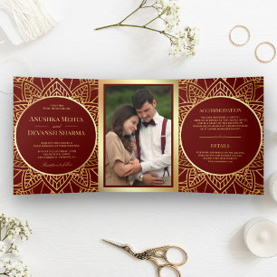 Red and Gold Ethnic Mandala Indian Wedding Tri-Fold Invitation