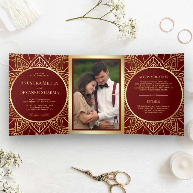 Red and Gold Ethnic Mandala Indian Wedding Tri-Fold Invitation (Creator Uploaded)