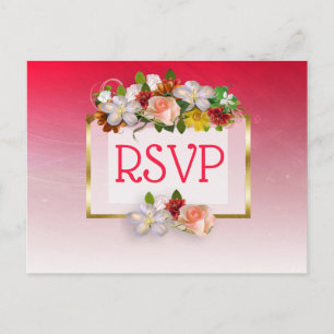 Red and Gold Faded Floral Wedding RSVP Postcards