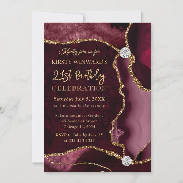 Red and Gold Faux Glitter Agate Birthday Invitation (Front)