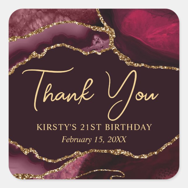 Red and Gold Faux Glitter Agate Birthday Party Square Sticker (Front)