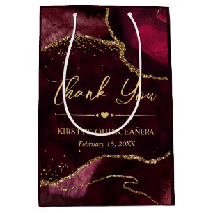 Red and Gold Faux Glitter Agate Quinceanera Medium Gift Bag